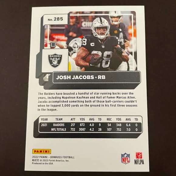 Josh Jacobs: Las Vegas Raiders, Running Back 2022 Panini Donruss Football #285 - Picture 2 of 2